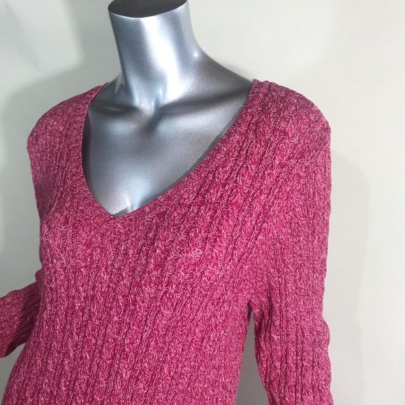 Croft & Barrow Women's Medium Red Pink White Cable Knit Sweater V Neck Tunic Top - Picture 6 of 15